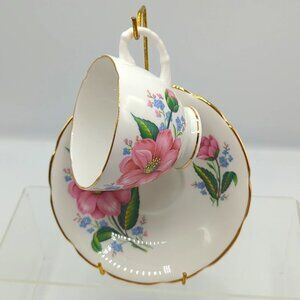Cottagecore Teacup & Saucer Fine Bone China Pink & Blue Florals Gold Trim